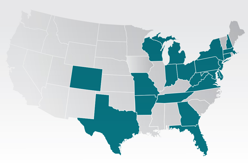 US Map with States Where Yoe Works Colorizied